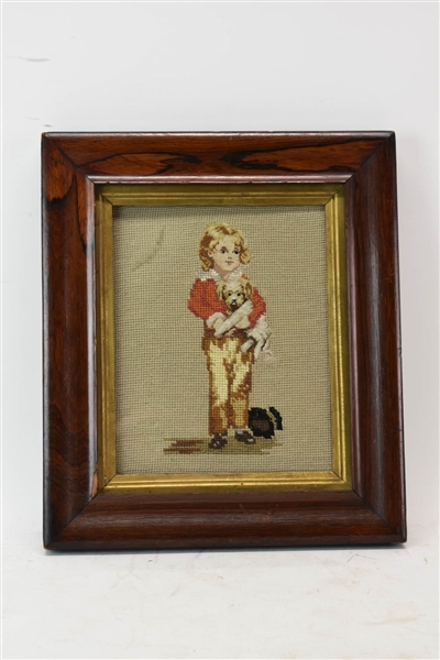 Needlepoint of Girl Holding Dog in Antique Frame