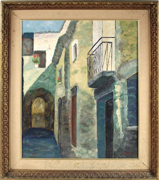 Mid-Century Oil on Canvas of Village Alley