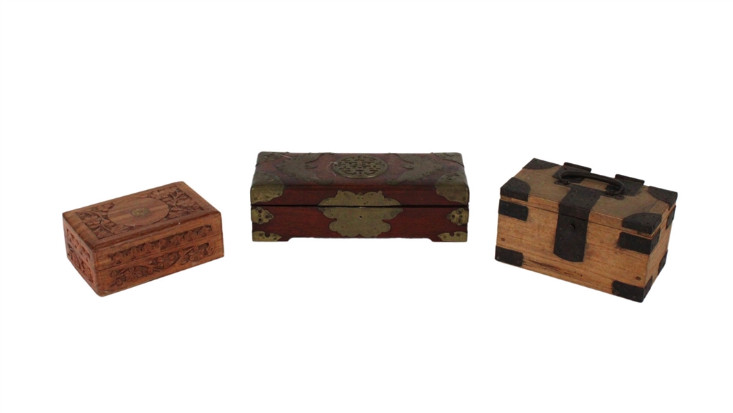 Three Metal-Mounted Wood Boxes