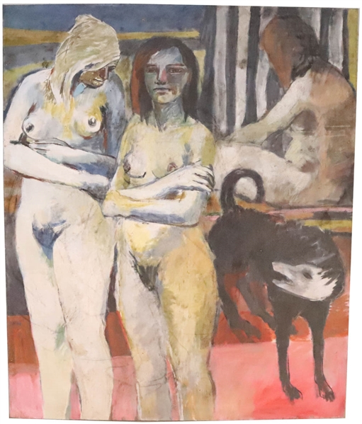 Oil on Canvas, Two Nude Women with Dog
