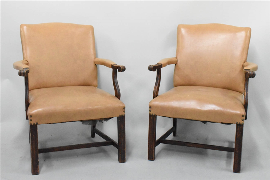 Pair of Wooden Arm Chairs with Vinyl Upholstery