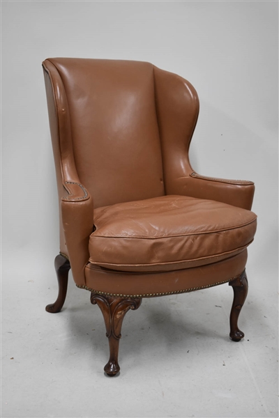 Queen Anne Style Leather Upholstered Wing Chair