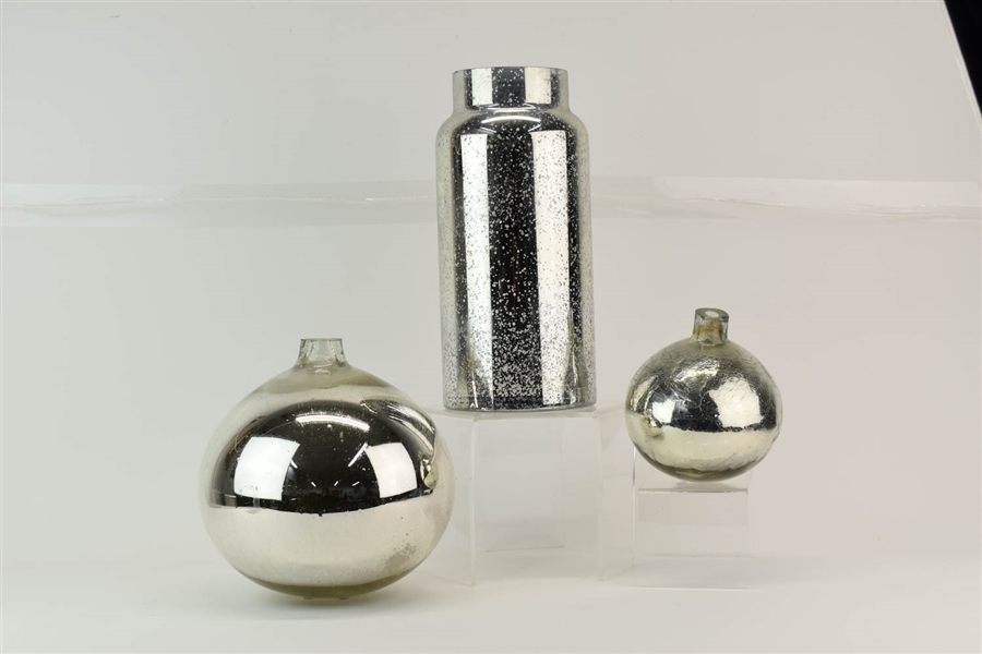 Two Mercury Glass Handblown Round Vases