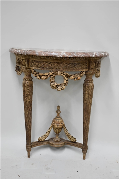 Antique Carved Wood Marble Top Demilune Table