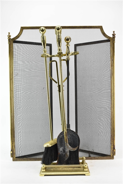 Set of Fireplace Tools and Brass Screen