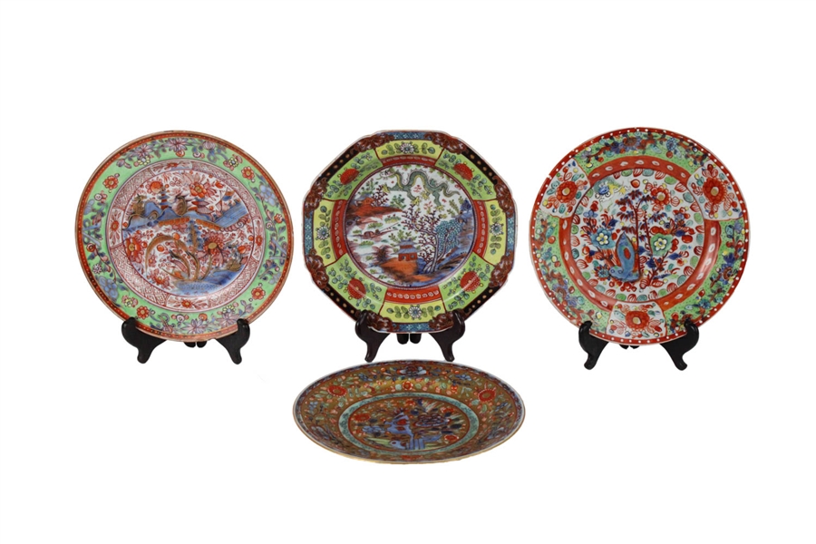Four Chinese Export Clobbered Porcelain Plates