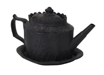 Early 19th C. Black Basalt Teapot and Underplate