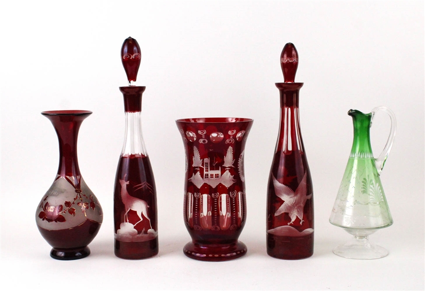 Bohemian Cranberry Glass Bird and Castle Vase
