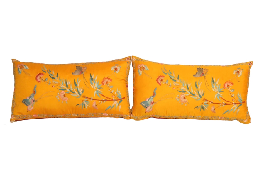 Two Asian Embroidered Silk Throw Pillows