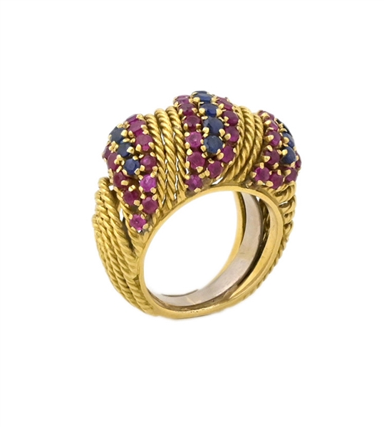 18K Yellow Gold Sapphire & Ruby Rope Dome Ring