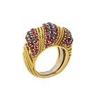 18K Yellow Gold Sapphire & Ruby Rope Dome Ring