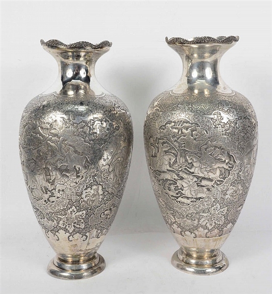 Near Pair Persian 800 Silver Tall Vases