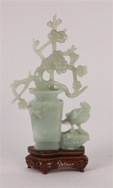 Chinese Carved Jade Flowering Urn with Bird