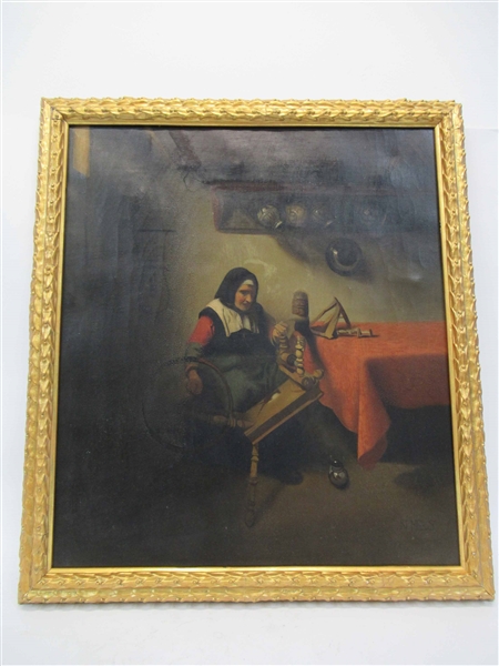 Oil on Canvas of Woman Spinning Wool