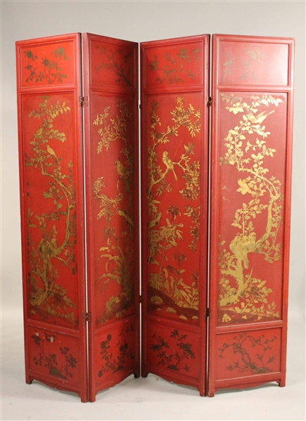 Chinese Gilt- and Red-Lacquer Four-Panel Screen