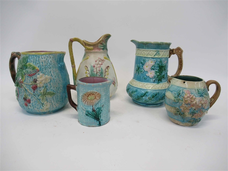 Group of 5 Assorted Majolica Style Pitchers