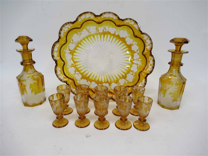 Amber Glass Cordial Service and Under Tray