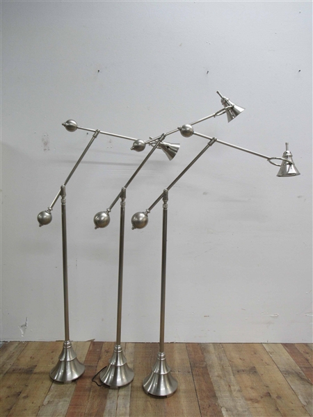 Three Dulruc Rosset Brushed Nickel Floor Lamps
