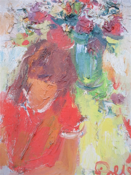 Oil on Board of Girl with Flowers