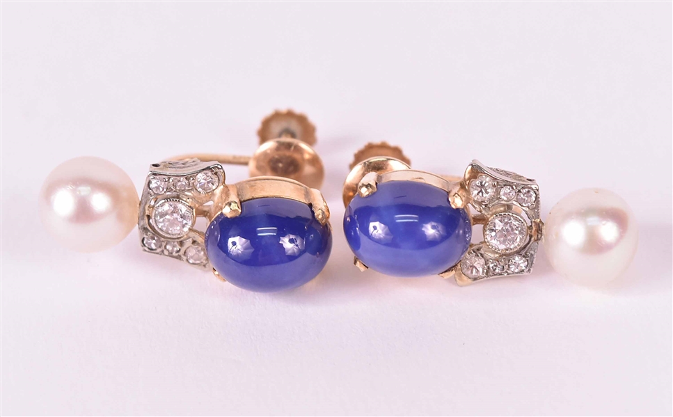 Pair Yellow Gold Star Sapphire Pearl Earrings