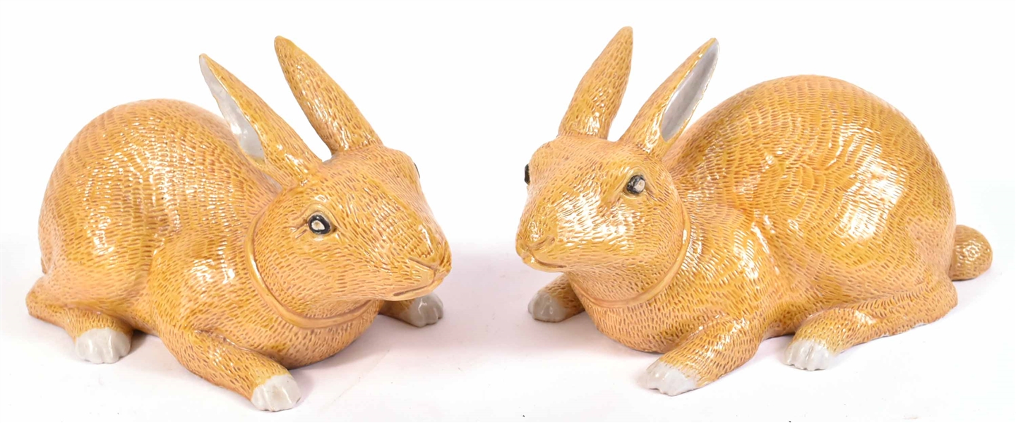 Pair of Chinese Yellow-Glazed Ceramic Rabbits