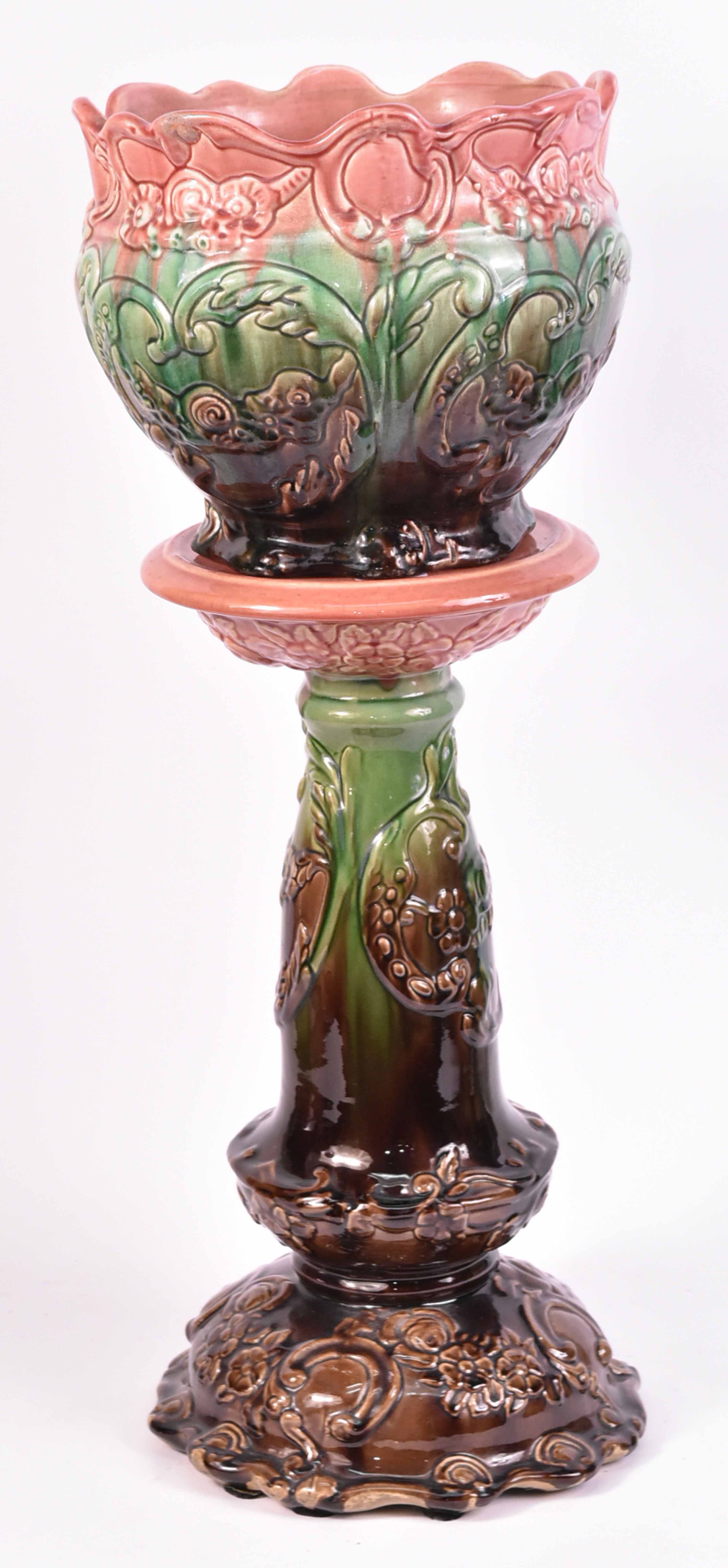 Lot Detail - Majolica Floral-Decorated Jardiniere and Stand