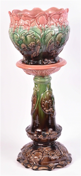 Majolica Floral-Decorated Jardiniere and Stand