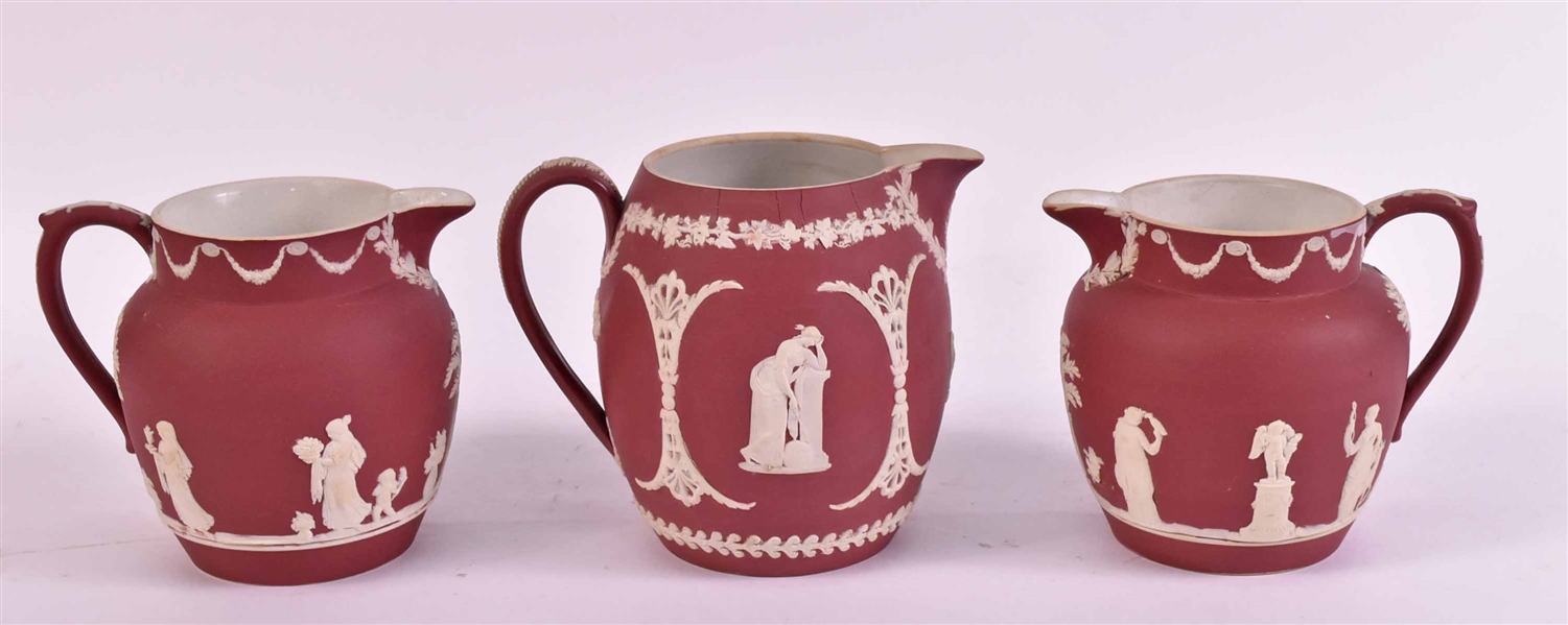 Three Wedgwood Crimson Jasperware Cream Jugs