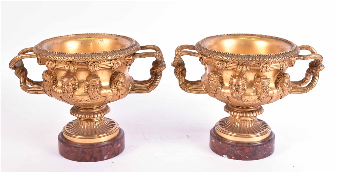 Pair of Gilt-Bronze Double Handled Urns