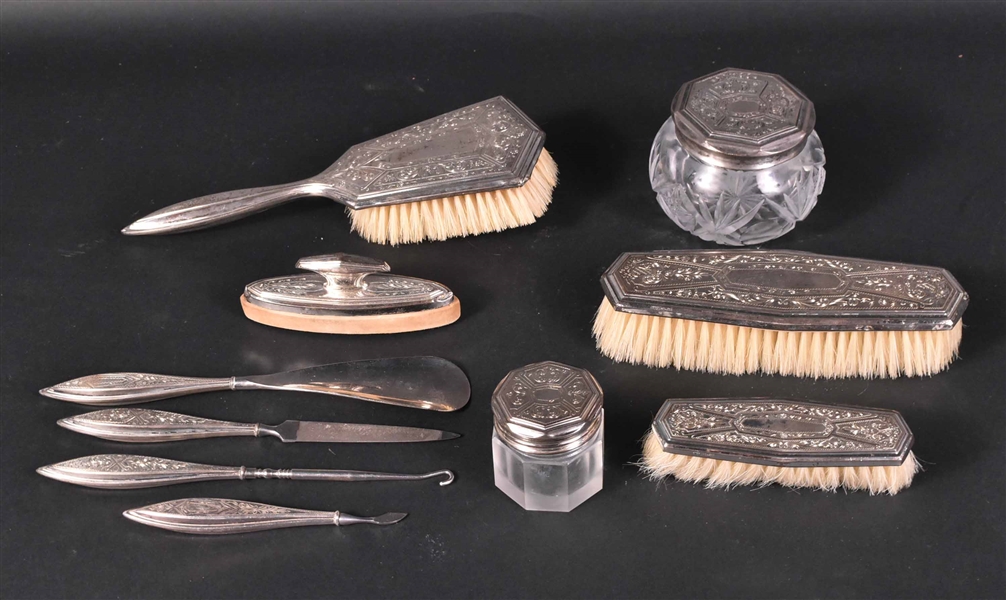 Ten Piece Sterling Silver Mounted Vanity Set