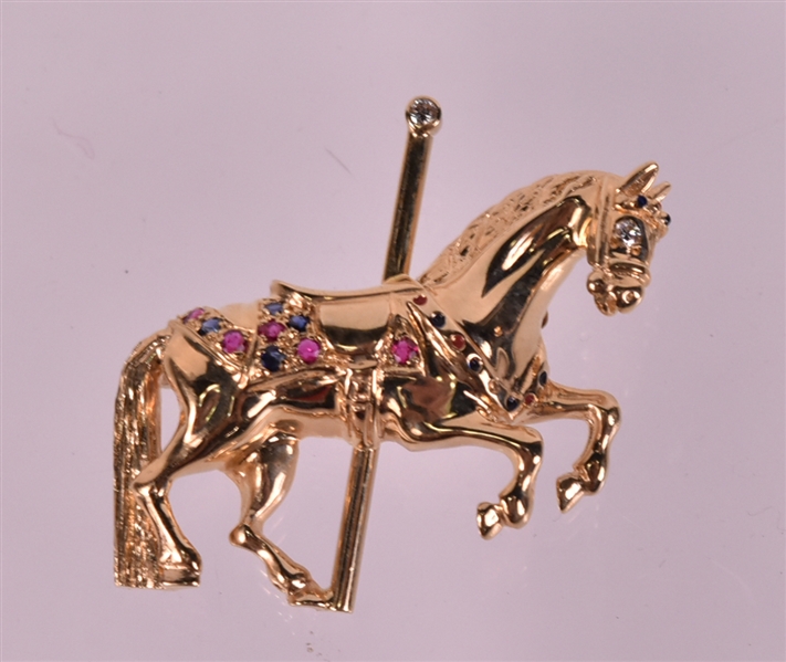 Jankner 14K Yellow Gold Ruby & Sapphire Horse Pin