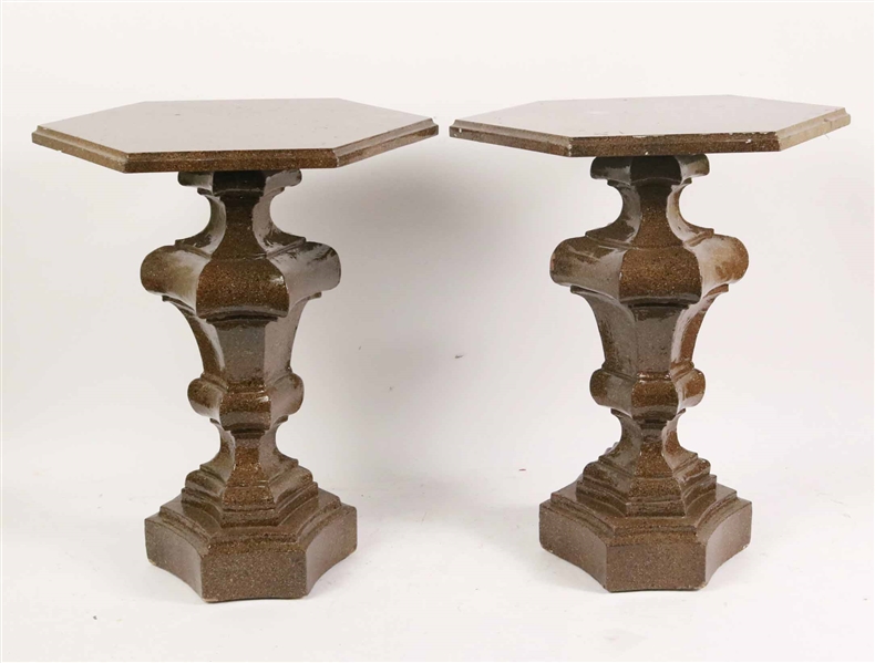 Pair of Marbleized Wood Hexagonal Side Tables