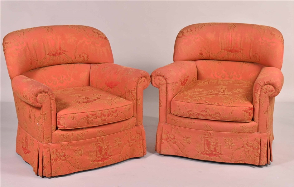 Pair of Red-and-Gold Upholstered Club Chairs