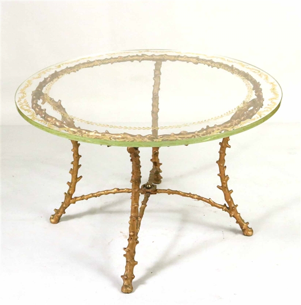 Gold-Painted Glass Top Branch-Form Metal Table