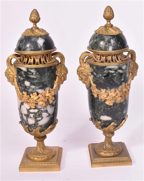 Pair of Neoclassical Style Gilt-Metal Marble Urns