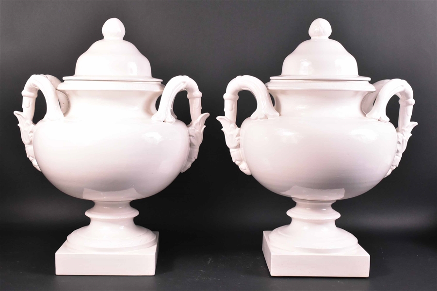 Pair of White Porcelain Double Handled Urns