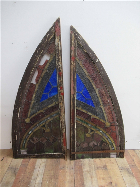 Antique Pair of Arched Stained Glass Window Panel