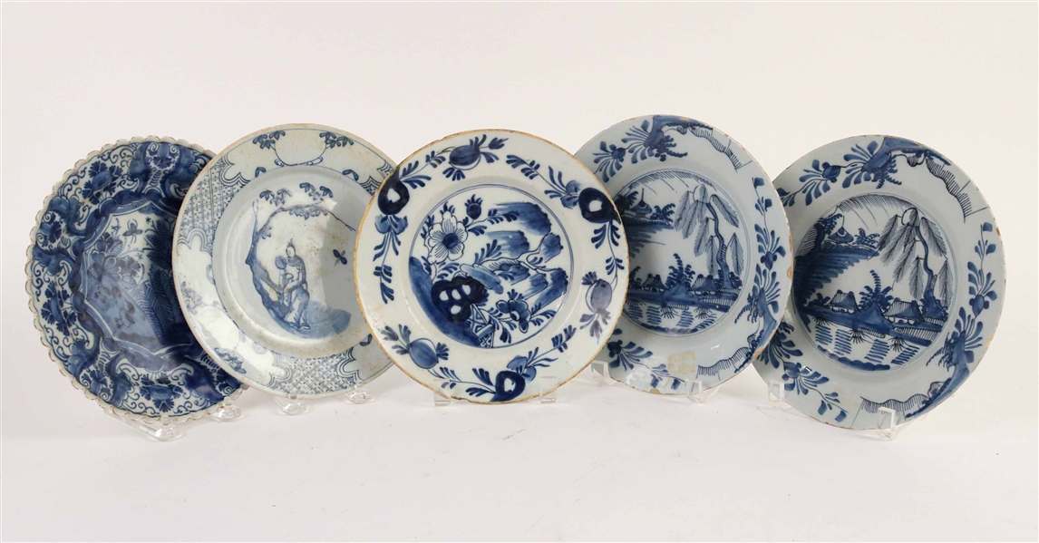 Five Blue and White Tin Glazed Earthenware Plates