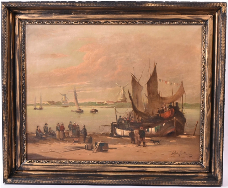 Oil on Canvas Harbor Scene, Antonio Fontanesi