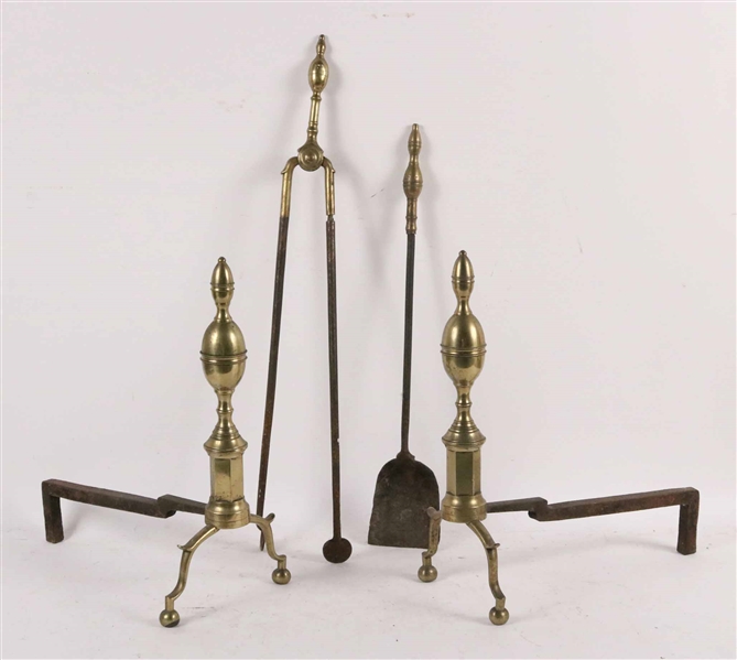 Pair Fireplace Brass Andirons and Tools