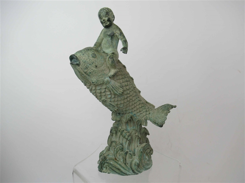 Cast Bronze Figural of Cherub Riding a Carp