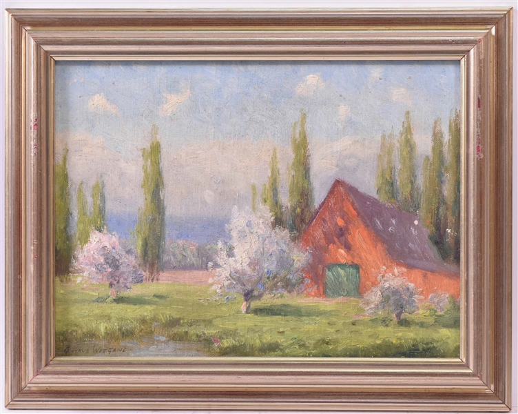 Oil on Board, Red Barn, Gustave Wiegand