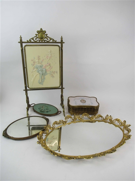 Victorian Style Brass Tri-Fold Vanity Mirror