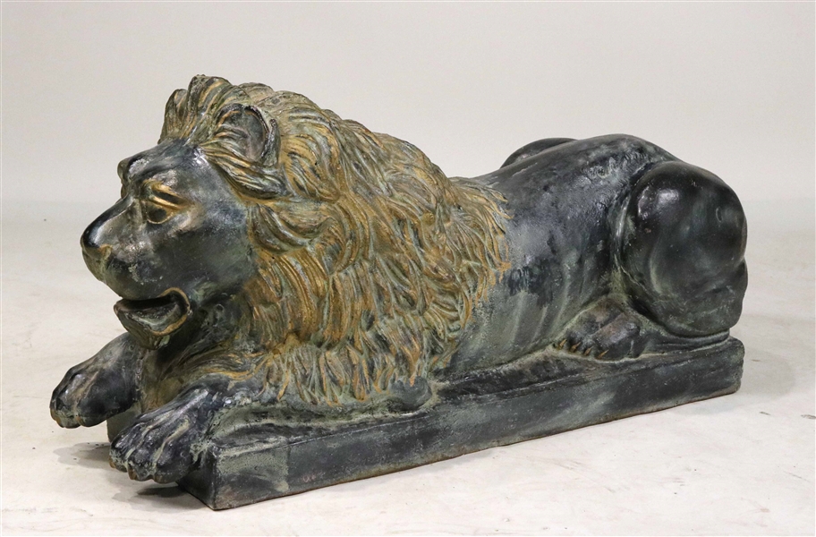 Cast and Bronze-Patinated Metal Recumbent Lion