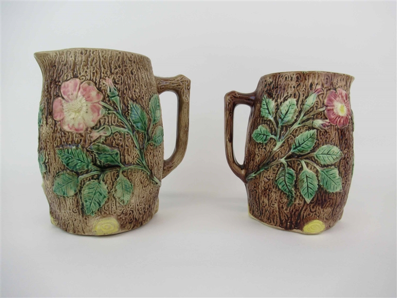 2 Majolica Tree Bark and Wild Roses Pitchers