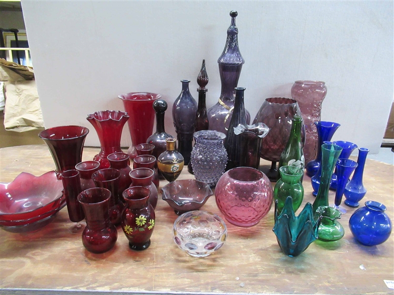 Large Group of Colored Glass Vases 