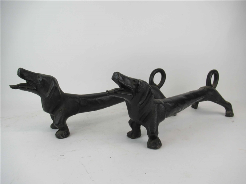 Pair of Cast Iron Dachshund Fire Dogs Andirons