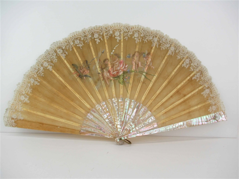 Antique Mother of Pearl Silk & Lace Painted Fan