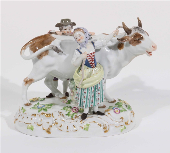 Meissen Porcelain Figural Group, Farmers with Cow