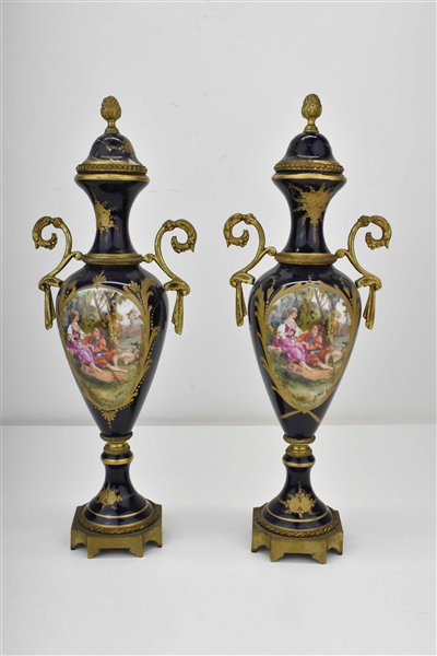 Pair of Sevres Style Gilt Bronze Mounted Urns 